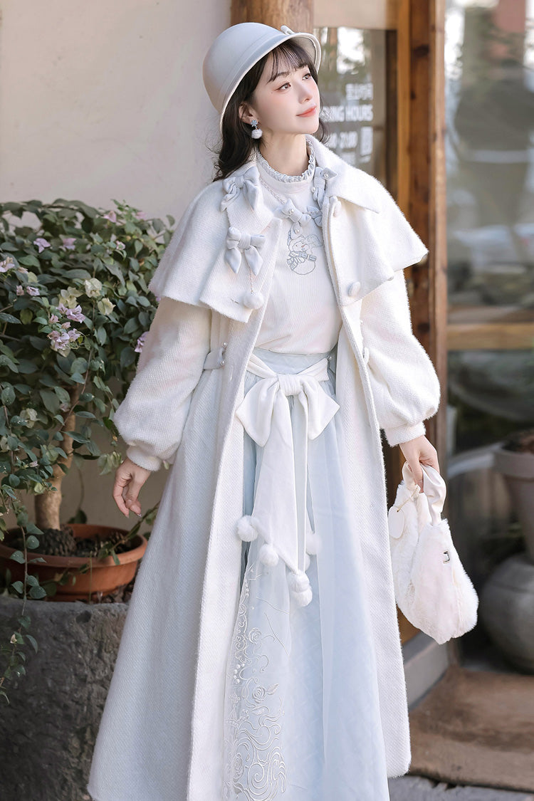 White/Blue [Sunny Sky Snow Doll] Long Sleeves Embroidered Bow Sweet Elegant Lolita Skirt Coat Set - Product - 11