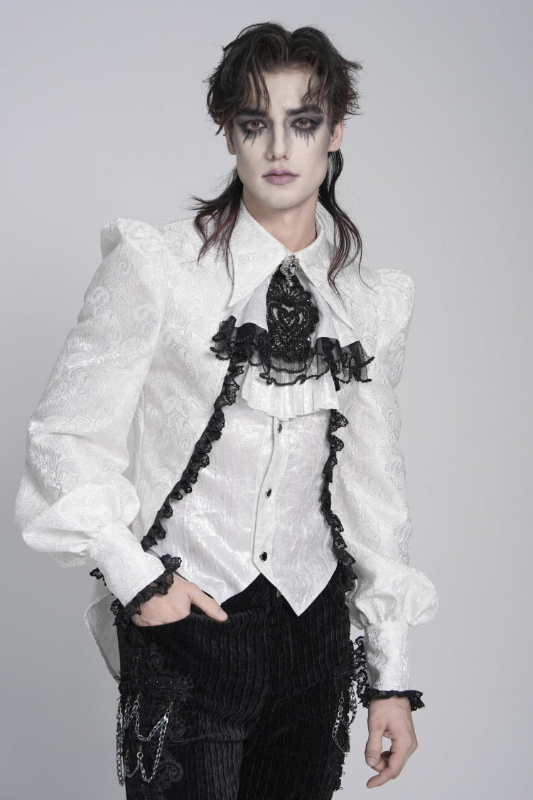 White Lapel Collar Long Sleeves Jacquard Swallow-tailed Lace Men's Gothic Palace Shirt - Product - 12