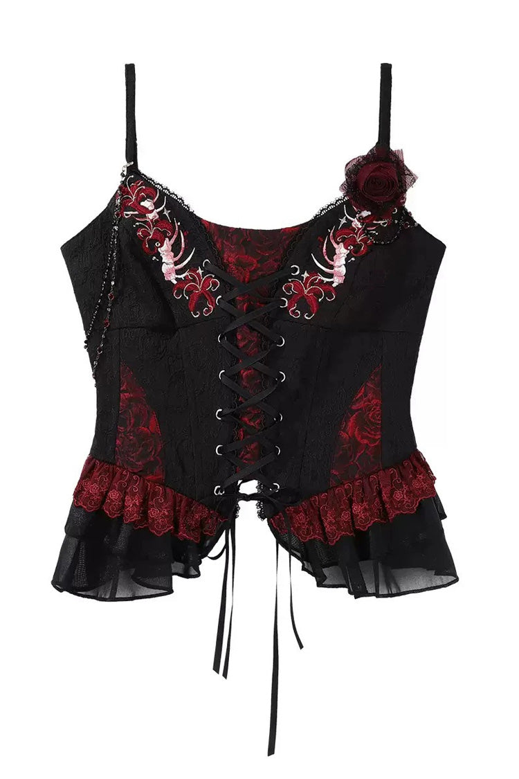 Black/Red [Rotten Bone Flower] Sleeveless Ruffled Embroidered Lace-Up Gothic Lolita Skirt Dress Set - Top(Only) - 14