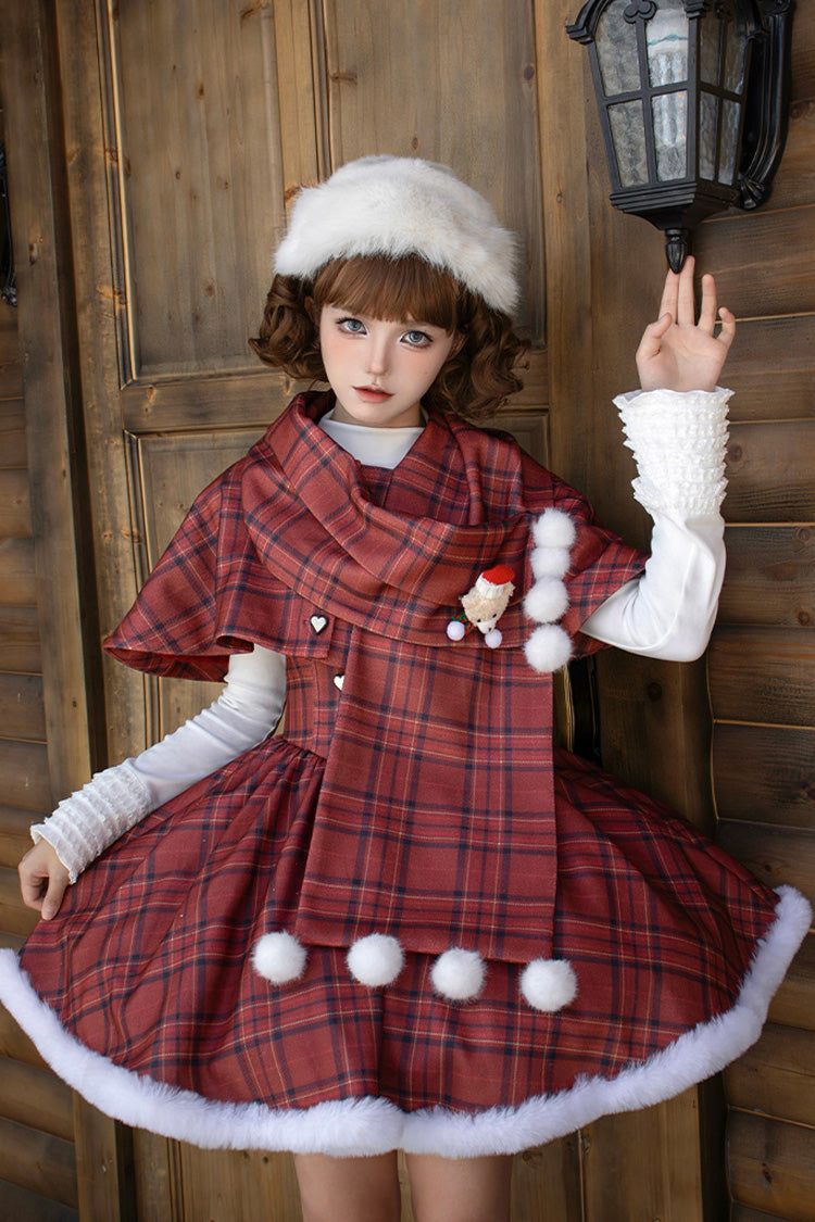 Red Striped Plaid Print Fall Winter Fishbone Sweet Corset Lolita Dress 2 Versions - Red - 1