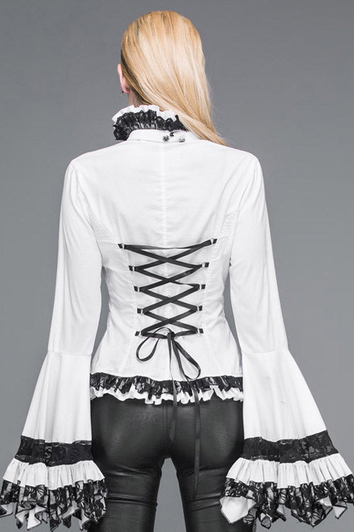 White VintageTrumpet Sleeves Back Bandage Womens Gothic Blouse - Product - 4