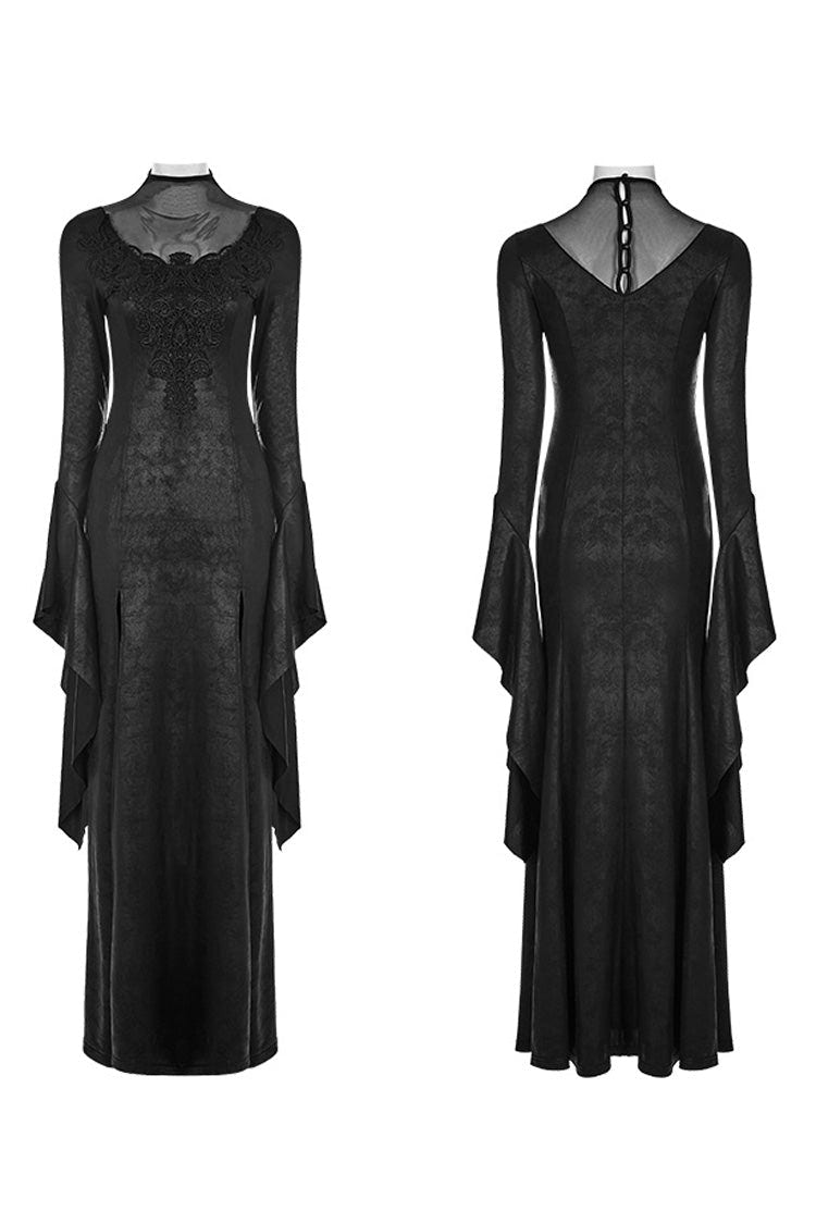 Black Long Trumpet Sleeves Embroidery Women's Gothic Gorgeous Open Forklift High Cross Dress - Product - 5