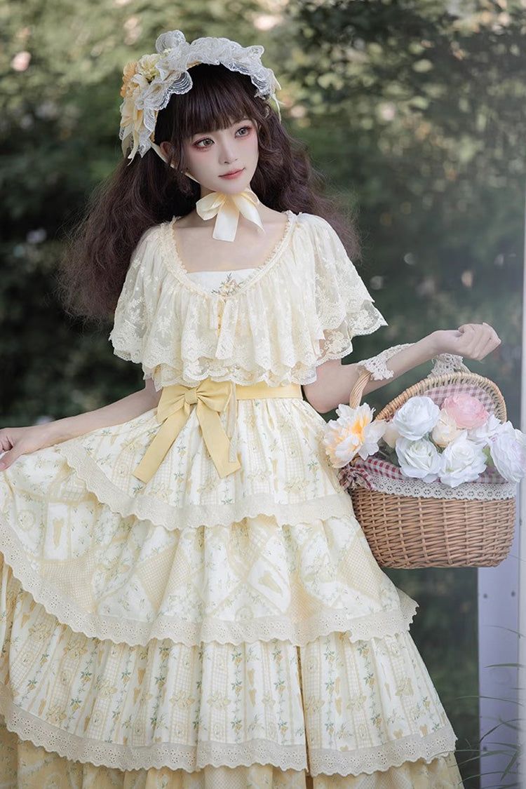Yellow Multi-layer Sunflower Print Ruffle Embroidery Sweet Chinese Style Lolita Jsk Dress - Product - 9