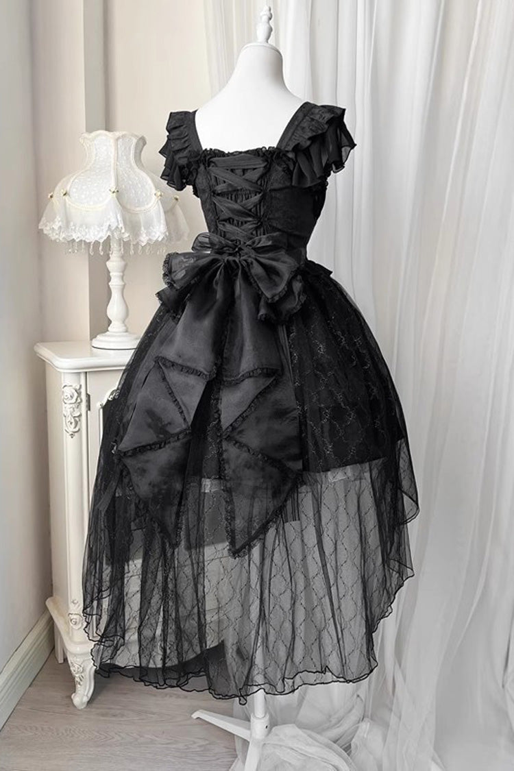 Black Short Sleeves Ruffle Rose Bowknot Elegant Princess Gothic Lolita Tiered Dress - Product - 12