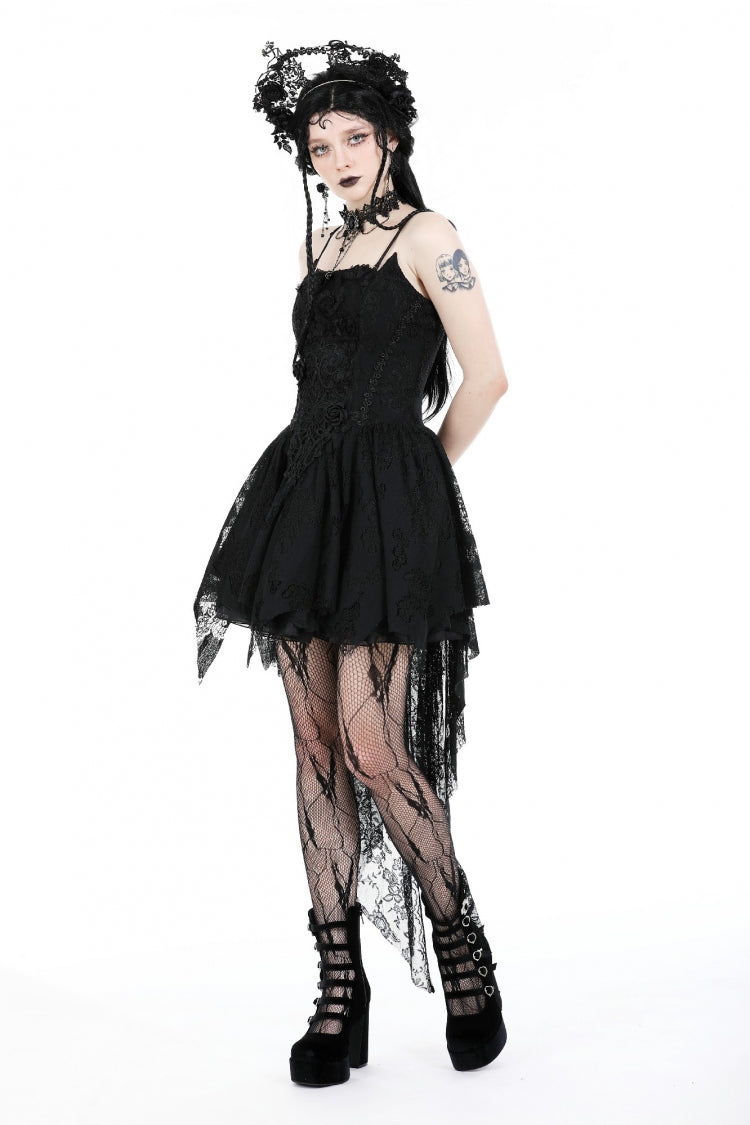 Black Sleeveless Rose Lace Lace-Up Women's Gothic High Low Dovetail Slip Wedding Dress - Product - 11