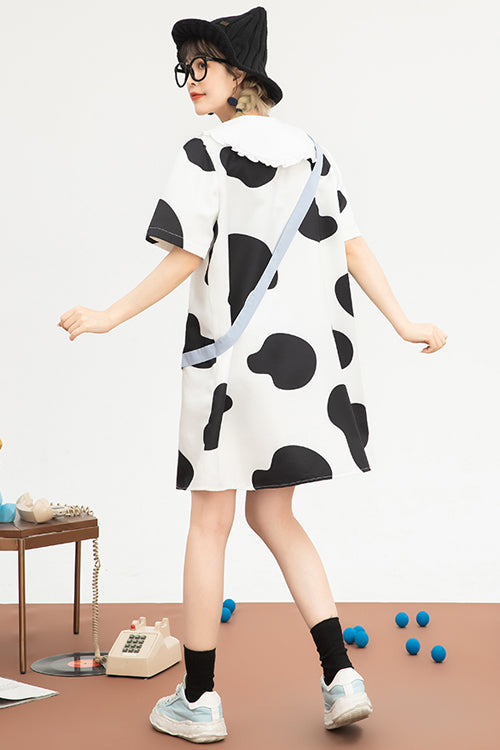 Black/White Doll Collar Short Sleeves Milk Cow Print Sweet Lolita Dress - Product - 5