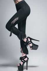 Black Side Hollow Out Lace Up Slit Lace Hem Gothic Womens Pants - Product - 5