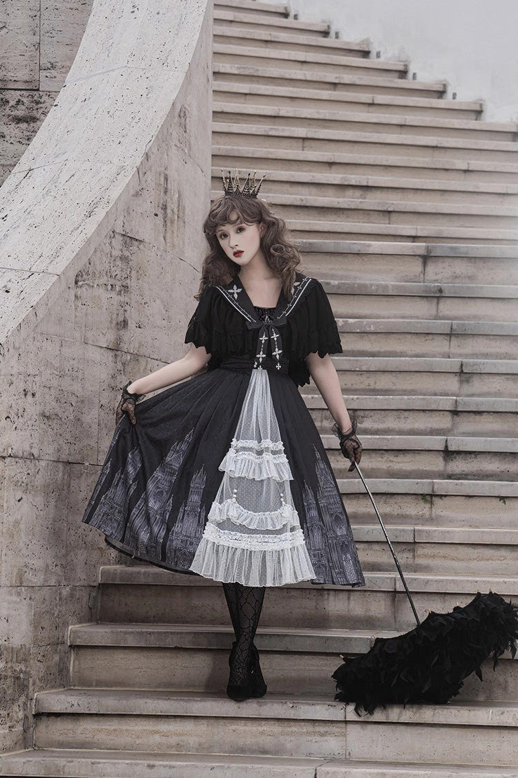 Black Sleeveless Print Lace Gothic Vintage Princess Lolita Jsk Dress - Product - 5