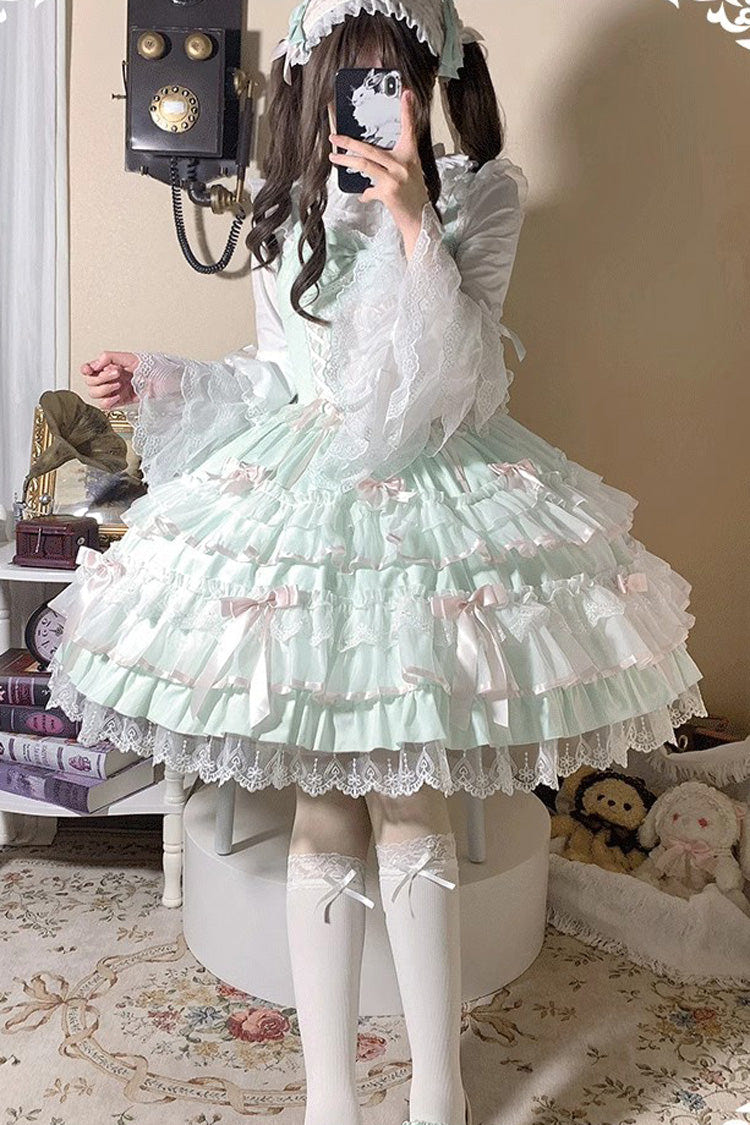 [Love Notebook] Sleeveless Multi-Layered Ruffle Bowknot Lace Sweet Lolita Jsk Dress 5 Colors - Green - 3