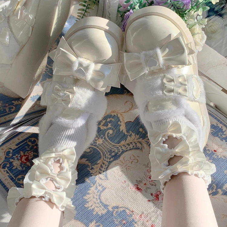 Plush and Thickened Bowknot Sweet Lolita Shoes 5 Colors - White - 14