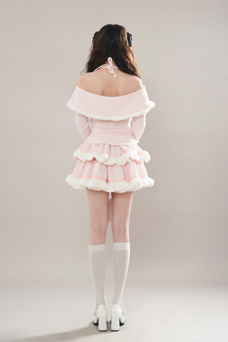 Pink Long Sleeves Ruffle Bowknot Lace Sweet Princess Lolita Tiered Top Skirt Set - Product - 4