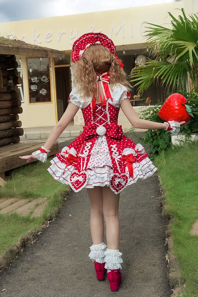 Wine Red Halterneck Short Sleeves Triple-Layered Polka Dot Printed Bow Lace-Up Sweet Lolita Dress - Product - 9