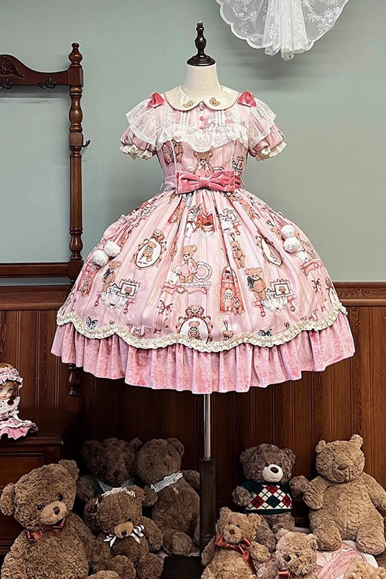 Pink Bear Doll Wall Print Short Sleeves Ruffle Embroidery Bowknot Sweet Lolita Dress - Product - 3