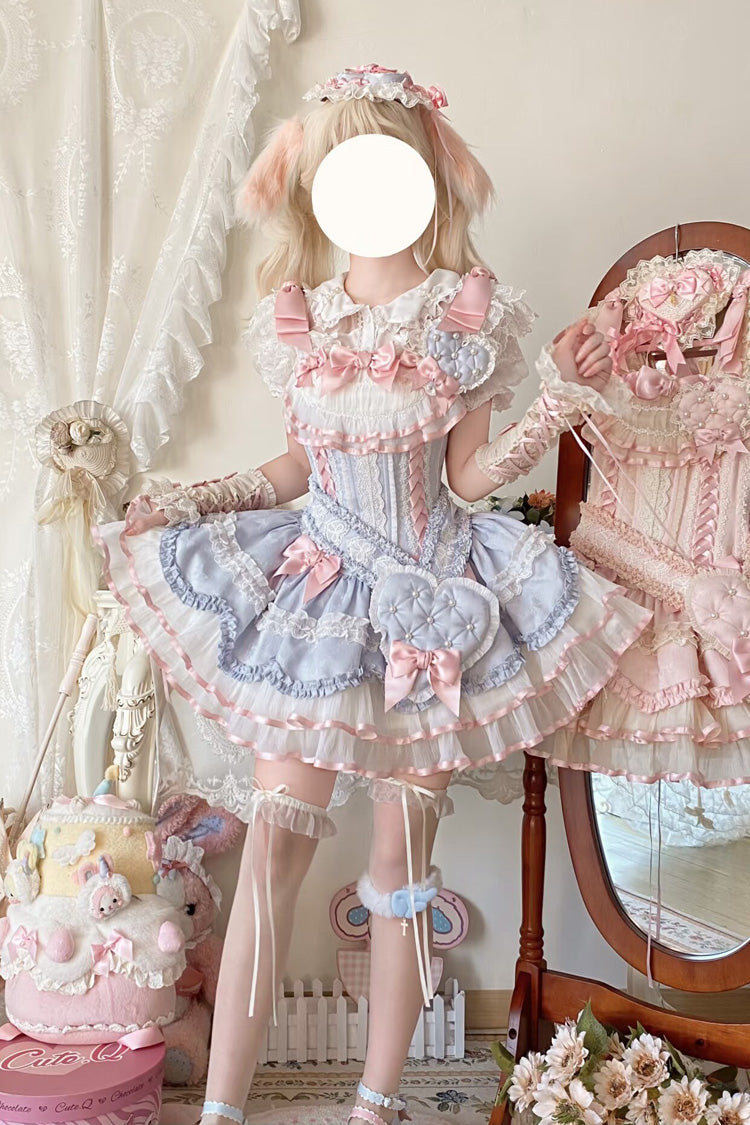 Blue Triple-Layered Ruffled Bow Lace-Up Slim Ballet Sweet Lolita Dress - Product - 2