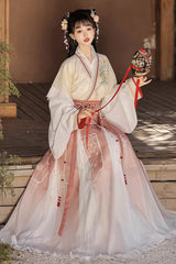 [Lily of the Valley] Long Sleeves Wei-Jin Style Ombre Printed Ruffled Embroidered Chinese Style Classic Hanfu Dress Set 3 Colors - Product - 2
