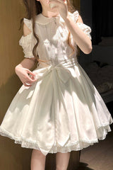 White [Oath] Lapel Collar Off Shoulder Short Sleeves Bow Gothic Lolita Dress - Product - 2