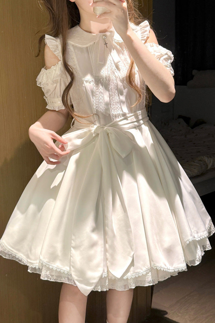 White [Oath] Lapel Collar Off Shoulder Short Sleeves Bow Gothic Lolita Dress - Product - 2