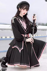 Black/Pink Long Sleeves Ruffle Gothic Military Elegant Princess Lolita Dress - Product - 7