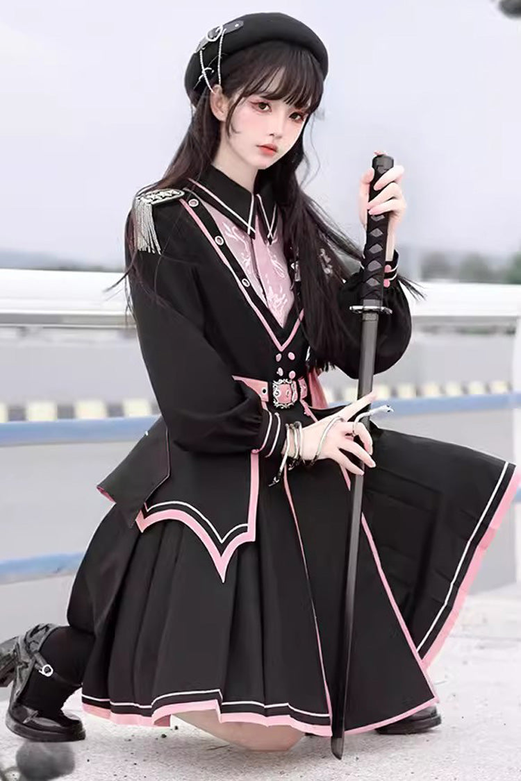 Black/Pink Long Sleeves Ruffle Gothic Military Elegant Princess Lolita Dress - Product - 7