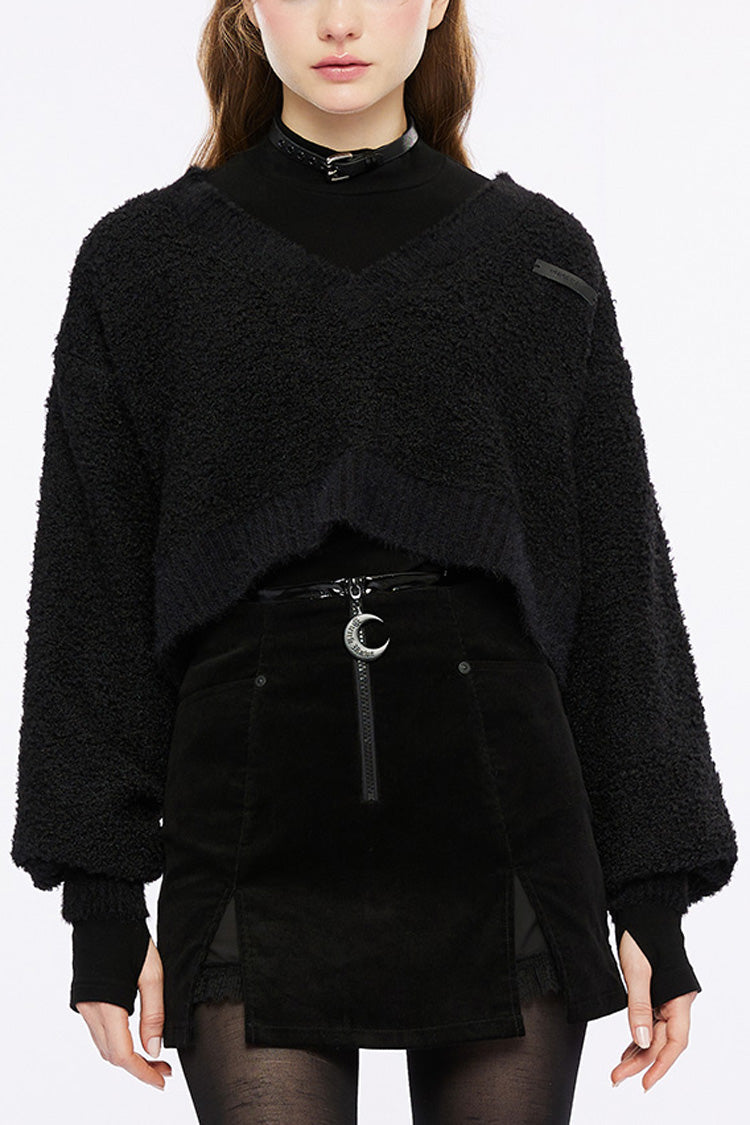 Black Wool Textured V Collar Long Sleeves Women's Gothic T-Shirt - Black - 1