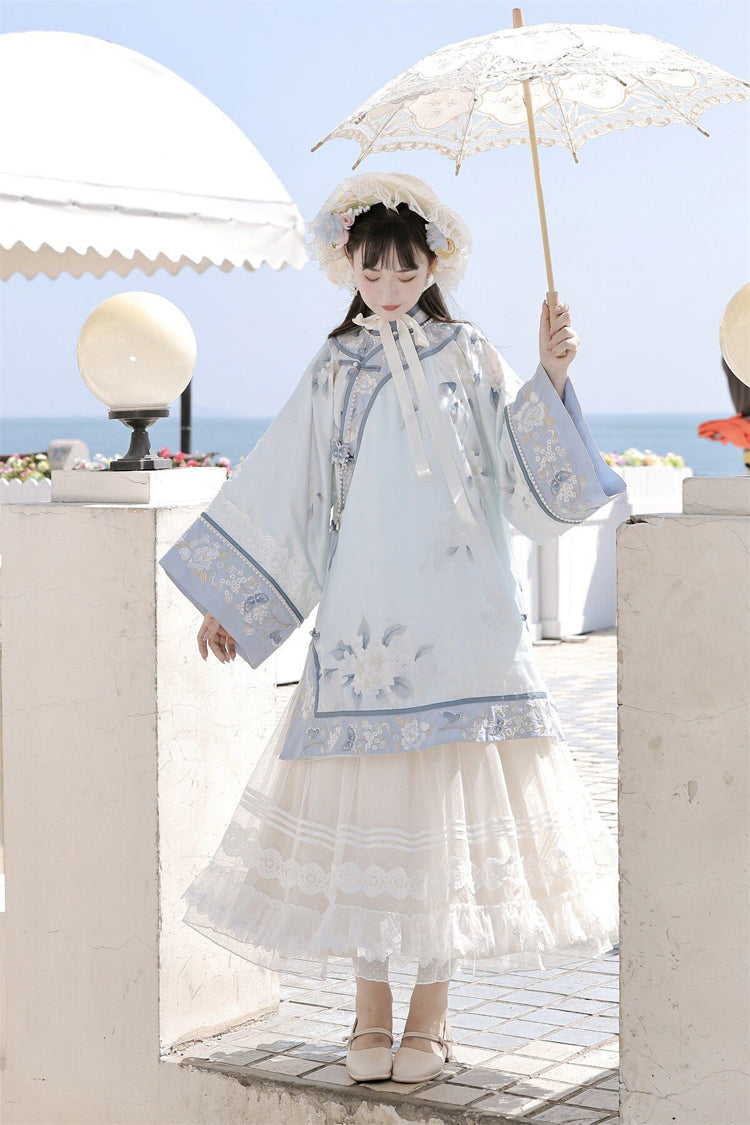Blue [Flower Room] Stand Collar Long Sleeves High Waisted Printed Embroidered Women's Sweet Classic Hanfu Dress Set - Product - 2
