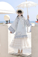 Blue [Flower Room] Stand Collar Long Sleeves High Waisted Printed Embroidered Women's Sweet Classic Hanfu Dress Set - Product - 2