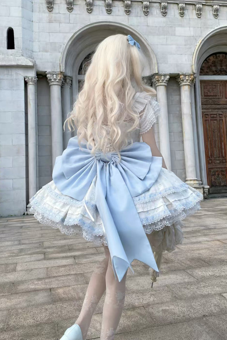 Blue [First Love Rose] Multi-Layered Print Ruffle Bowknot Lace Sweet Lolita Jsk Dress Set - Product - 2