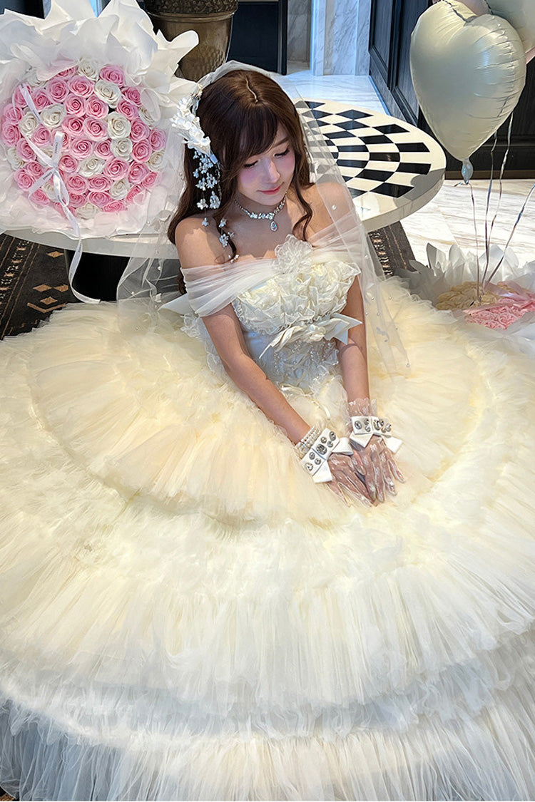 White [Maiden’s Love] Off Shoulder Triple-Layered Ruffled Hanayome Bow Lace Sweet Princess Lolita Dress - Product - 16