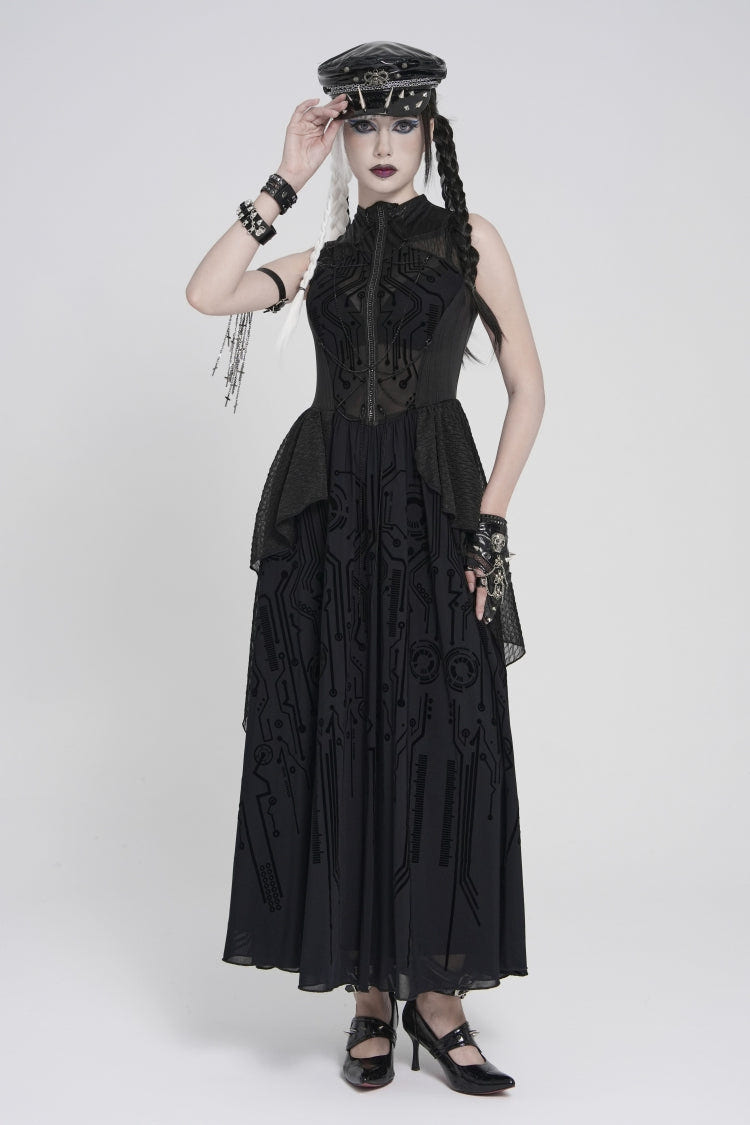Black Stand Collar Sleeveless Multi-Layered Printed Hanayome Sheer Women's Punk Elegant Gorgeous Dress - Black - 1