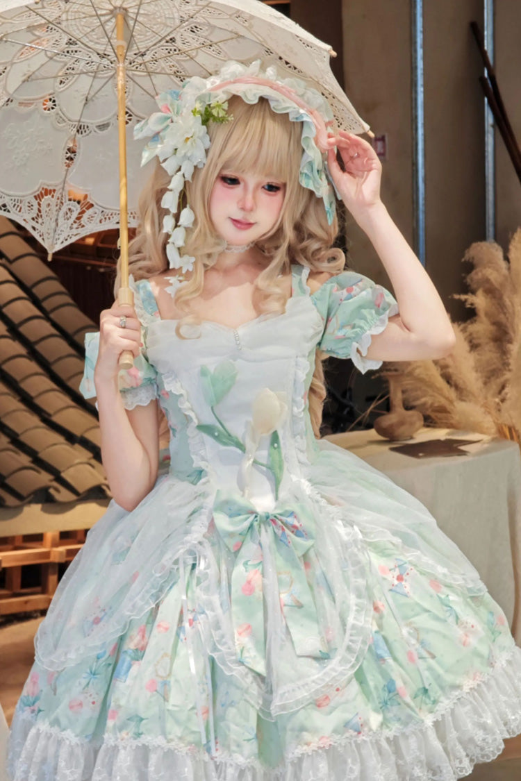Green [Tulip's Letter] Off Shoulder Short Sleeves Print Ruffle Bowknot Lace Sweet Elegant Lolita Dress - Product - 2