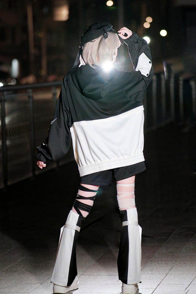 Black/White [Zero-Type Transformation] Techwear Long Sleeves Embroidered Hooded Punk Jirai Kei Shorts Coat Set - Product - 2