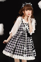 White/Black Milk Cow Plaid Panel Ruffled High Waisted Sweet Lolita JSK Dress - Product - 3