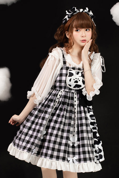 White/Black Milk Cow Plaid Panel Ruffled High Waisted Sweet Lolita JSK Dress - Product - 3