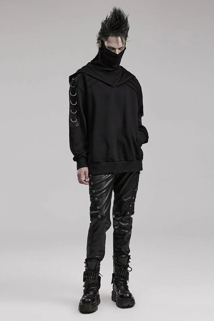 Black High Collar Long Sleeves Stitching Hooded Mens Steampunk Jacket - Product - 4