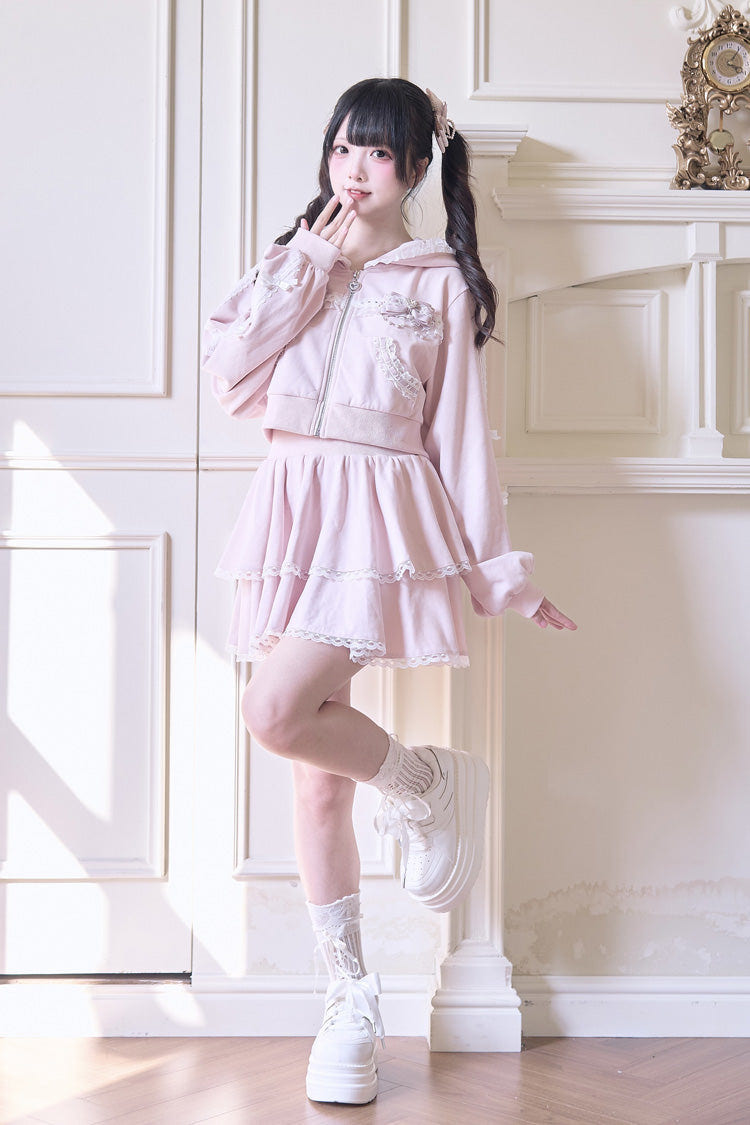Sweet Long Sleeves Bowknot Lace Hooded Jirai Kei Hoodie Skirt Set 3 Colors - Product - 9