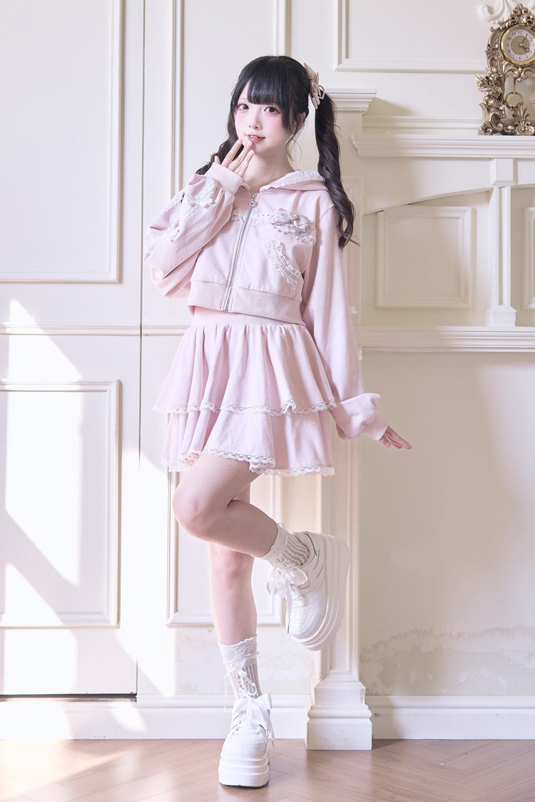 Sweet Long Sleeves Bowknot Lace Hooded Jirai Kei Hoodie Skirt Set 3 Colors - Product - 9
