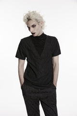 Black High Collar Short Sleeves Spliced Pleated Men's Gothic Shirt - Product - 6