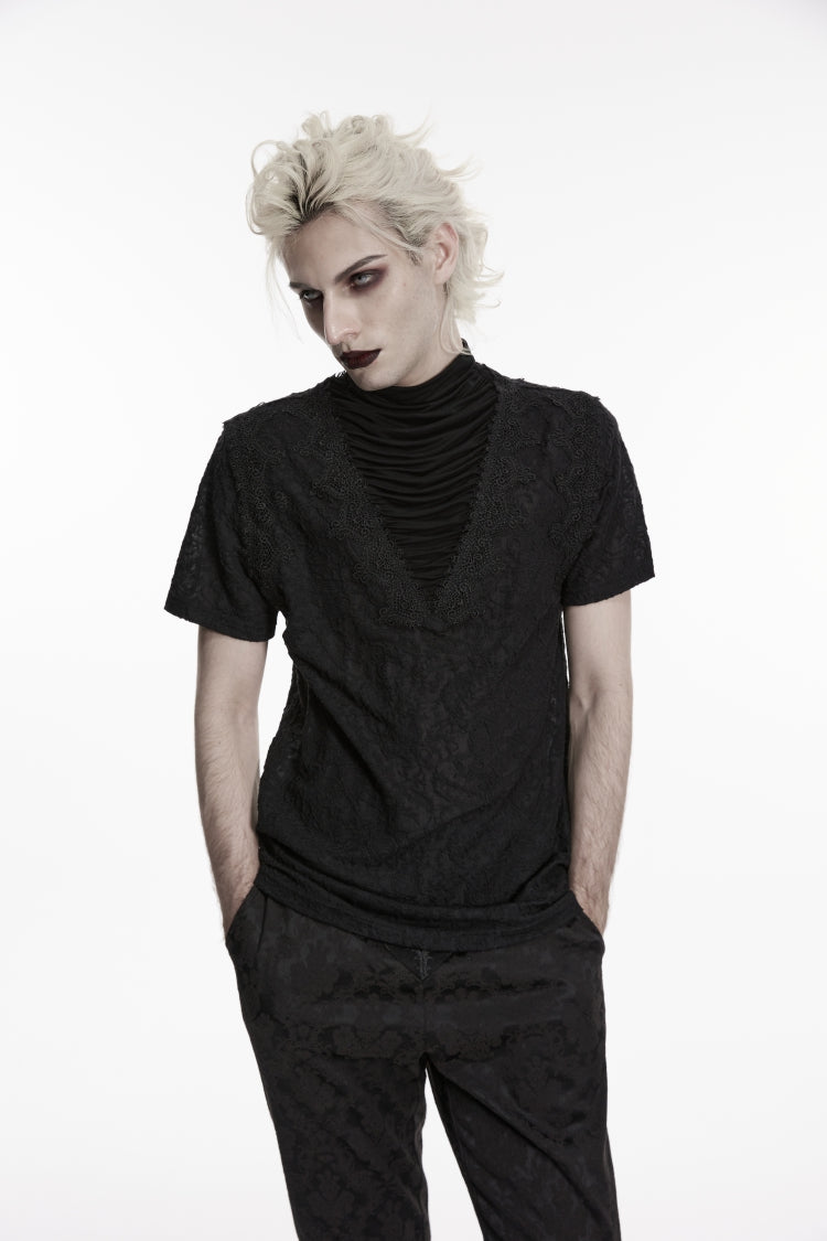 Black High Collar Short Sleeves Spliced Pleated Men's Gothic Shirt - Product - 6