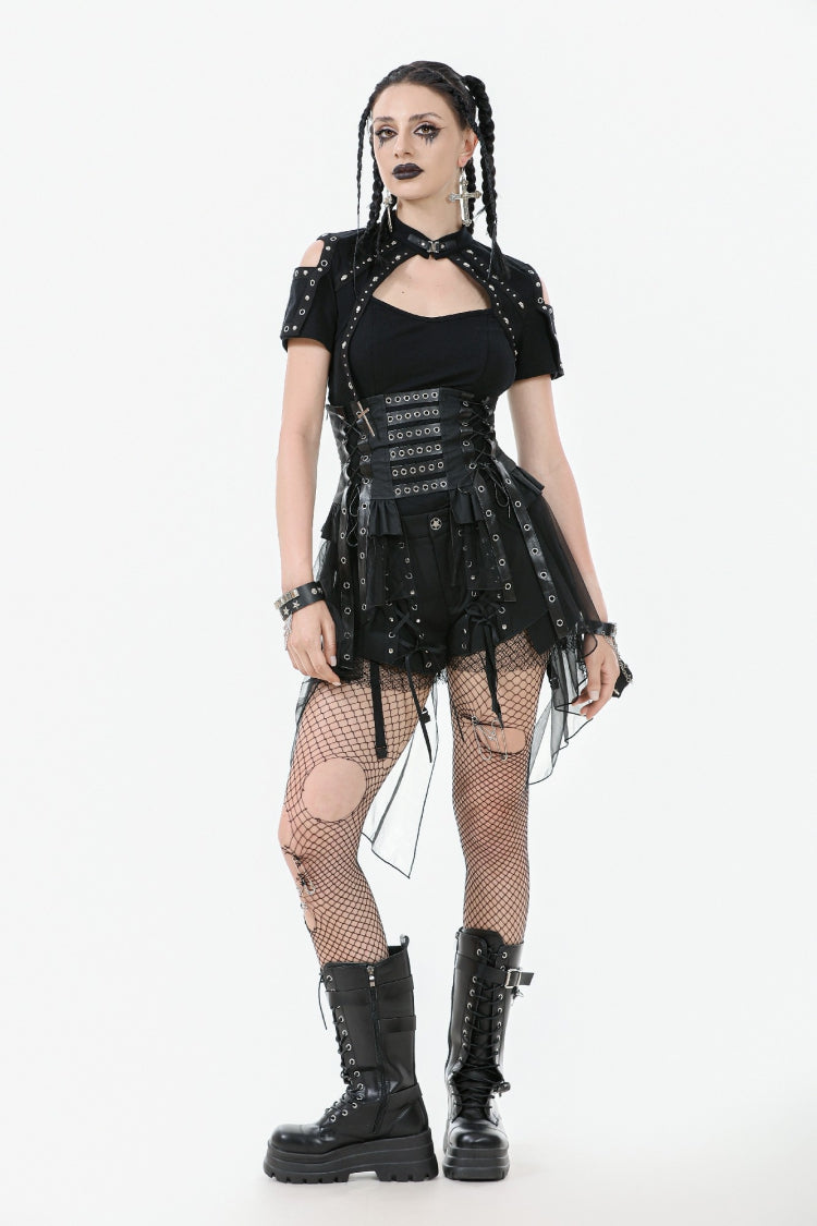 Black High Waisted Lace-Up High/low Mesh Women's Punk Skirt - Product - 10