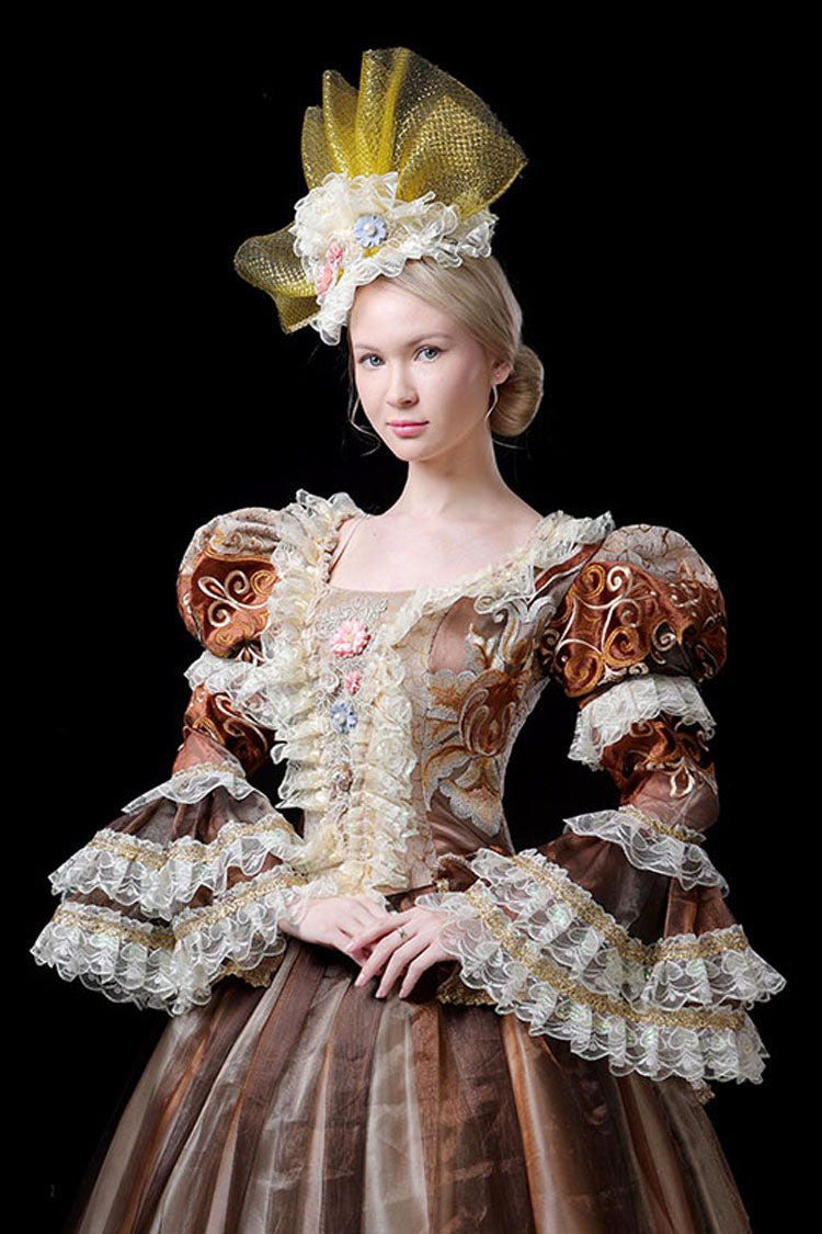 Coffee Multi-Layer Trumpet Sleeves High Waisted Three Dimensional Flower Embroidery Print Victorian Lolita Prom Dress - Product - 5