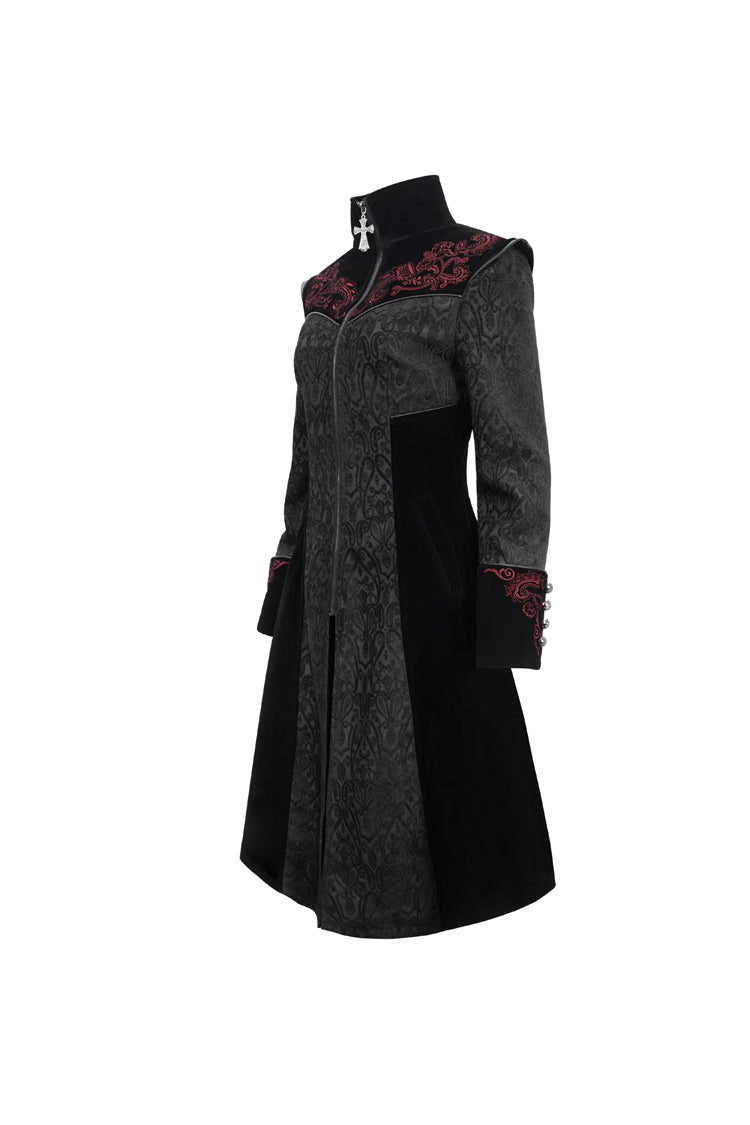 Black Jacquard Studded Mushroom Buckle Metal Cross Embroidered Women's Gothic Coat - Product - 9