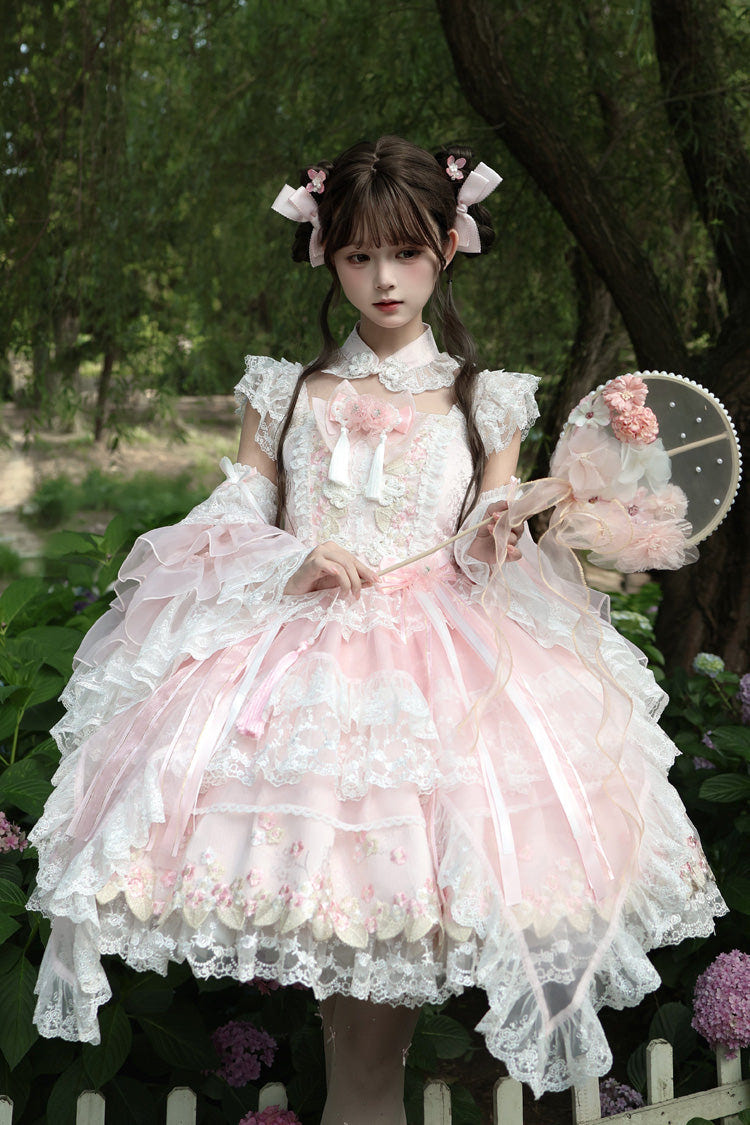 Pink [Spring Entwined with Cherry Clouds] Short Sleeves Embroidered Bow Lace Sweet Chinese Style Lolita Dress - Product - 5