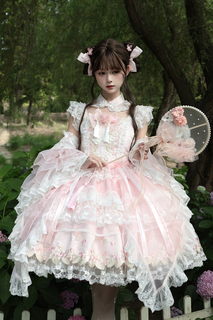 Pink [Spring Entwined with Cherry Clouds] Short Sleeves Embroidered Bow Lace Sweet Chinese Style Lolita Dress - Product - 5