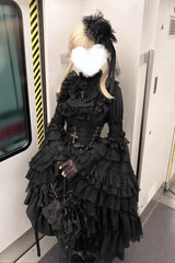Black [Eternal Taboo] Long Hime Sleeves Ruffled Bow Gothic Lolita Skirt Dress Set - Product - 7
