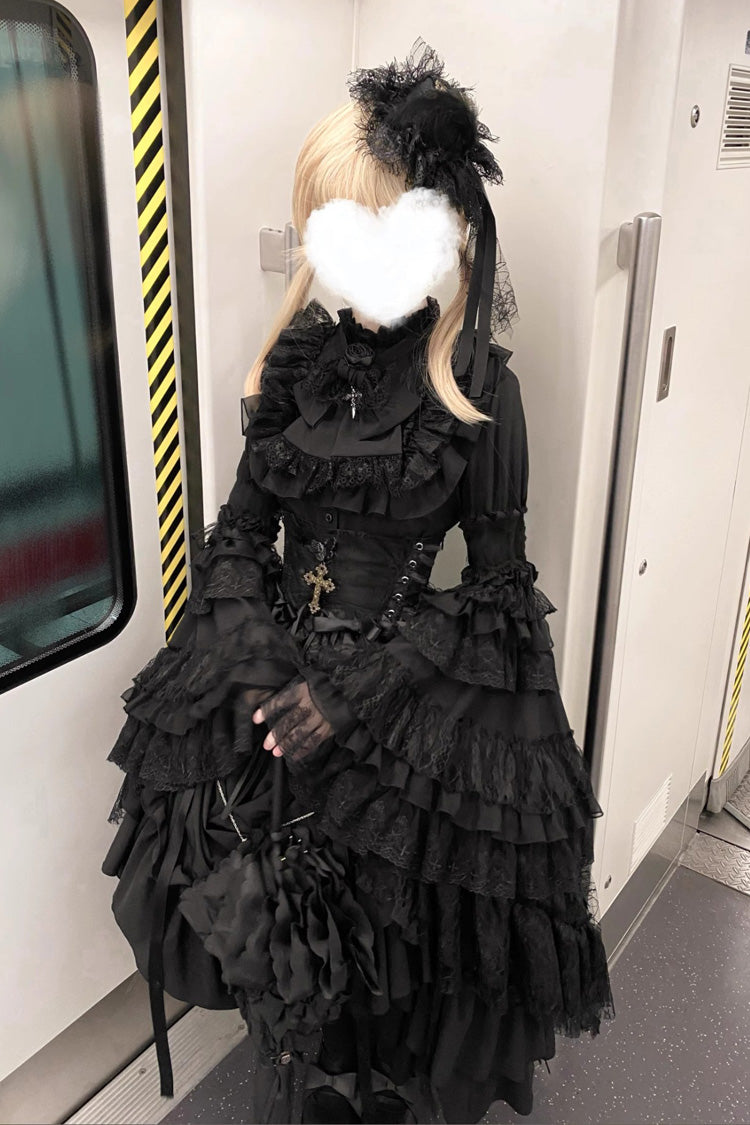 Black [Eternal Taboo] Long Hime Sleeves Ruffled Bow Gothic Lolita Skirt Dress Set - Product - 7