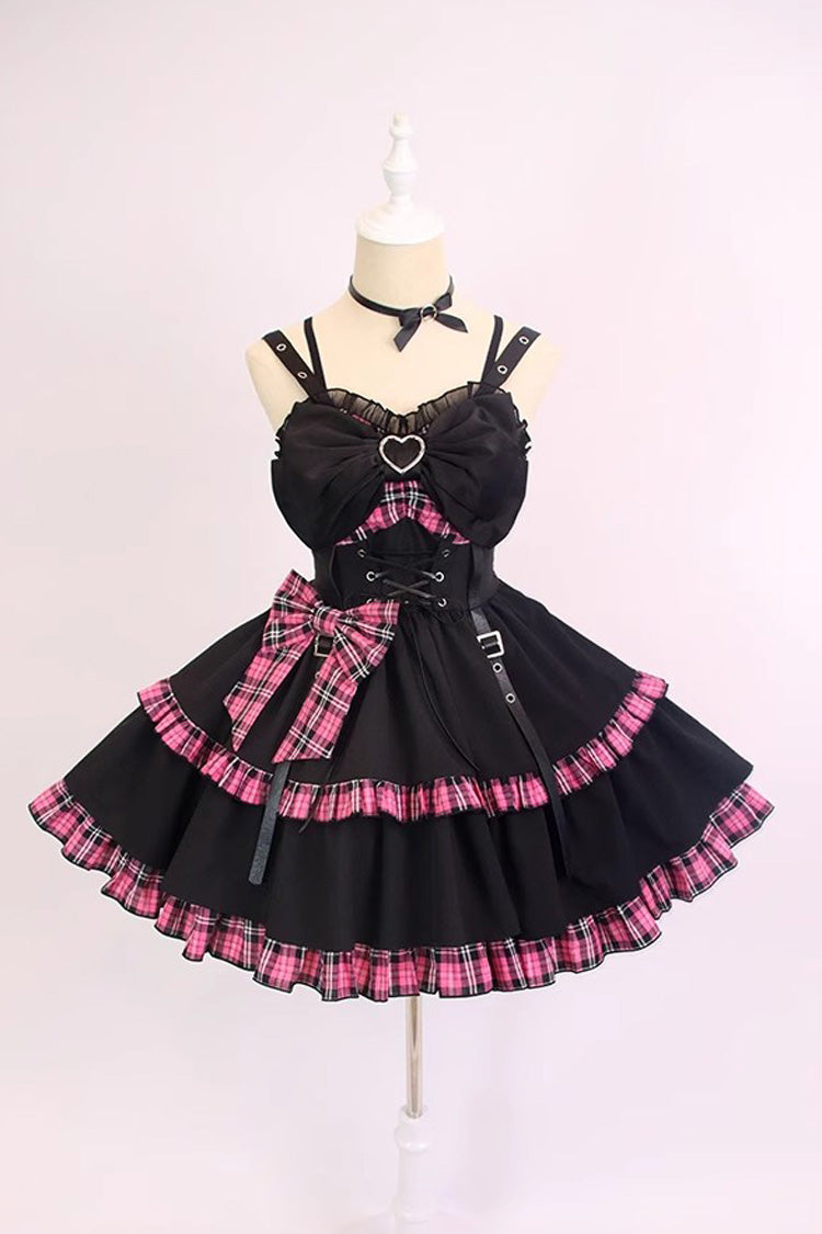 Black/Pink Plaid Print Color Contrast Leather Buckle Bowknot Ruffle Gothic Lolita JSK Dress - Product - 3