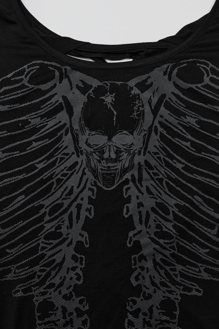 Black Skull Bone Print Hollow Slim Metal Chain Women's Steampunk Vest - Product - 7