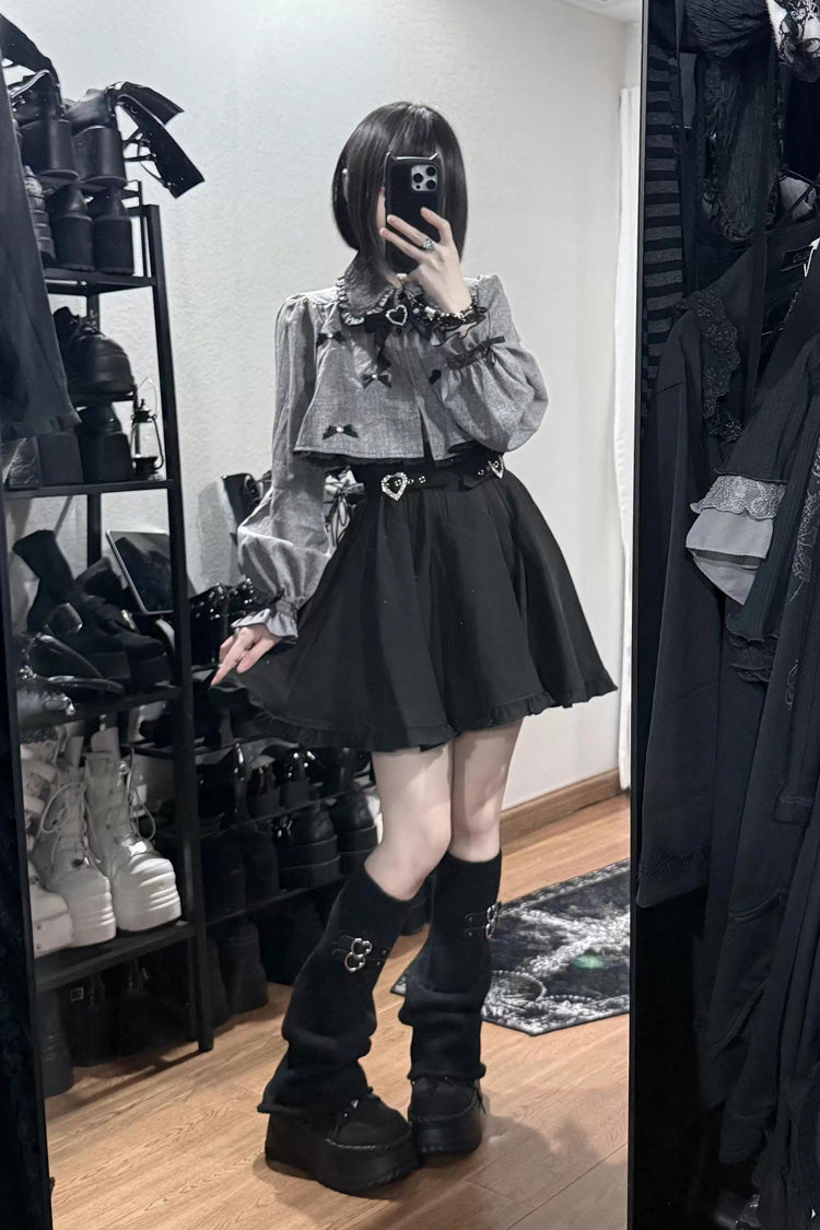 Black/Grey Long Sleeves Ruffled Double Heart Buckle Japanese Jirai Kei Set - Product - 4