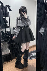 Black/Grey Long Sleeves Ruffled Double Heart Buckle Japanese Jirai Kei Set - Product - 4