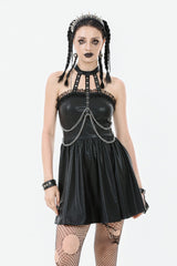 Black Halterneck Zippered Chain-Decorated Eyelet Women's Punk Faux Leather Dress - Black - 1